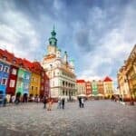 Poznan, Posen market square, old town, Poland. Town hall and colourful historical buildings.